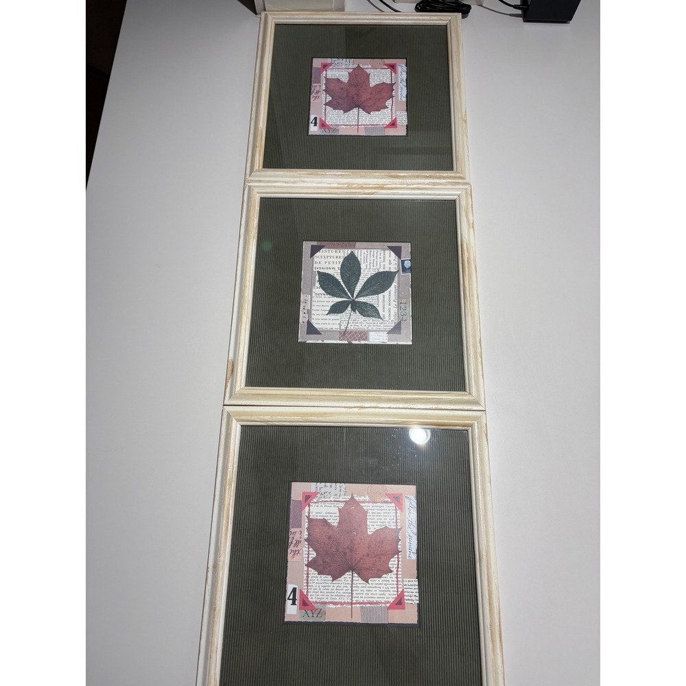 VTG Framed Leaf Wall Art Set of 3 Botanical Collage Prints Rustic Decor‎